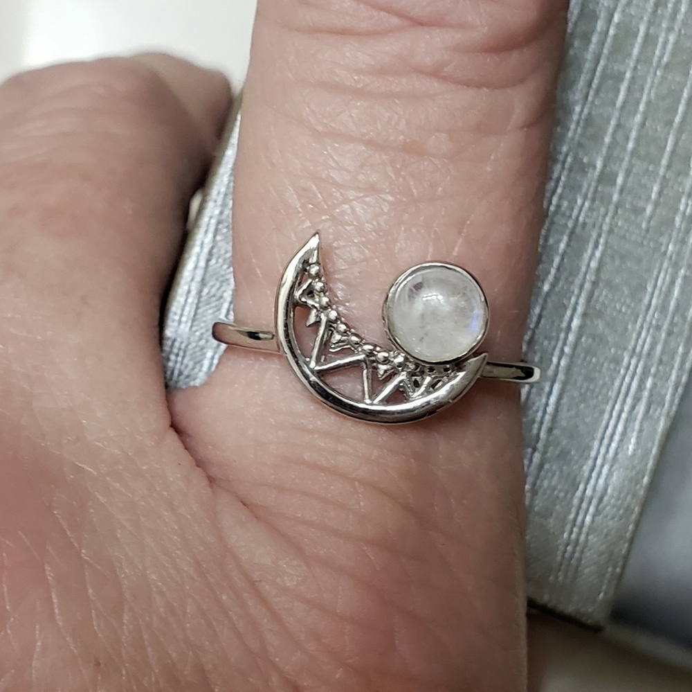 Rainbow Moonstone Crescent Moon Ring - image 6